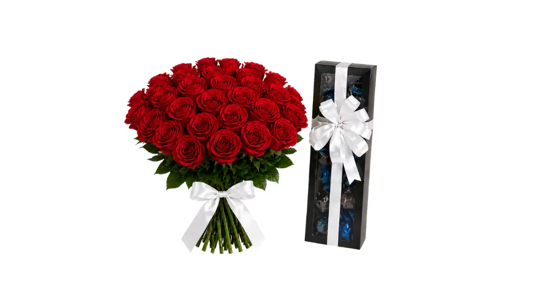 Chocolate Box (240g) & 25 Red Roses