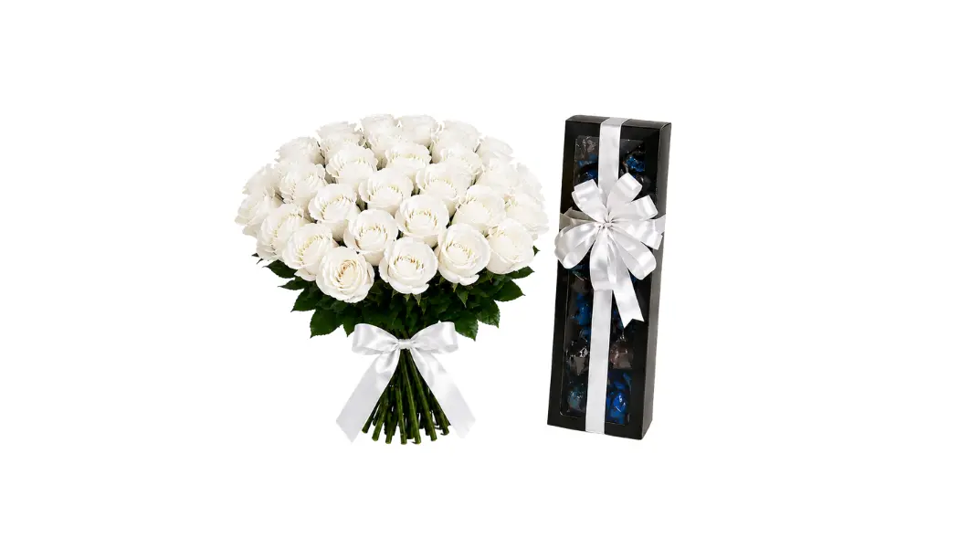 Chocolate Box (240g) & 25 White Roses