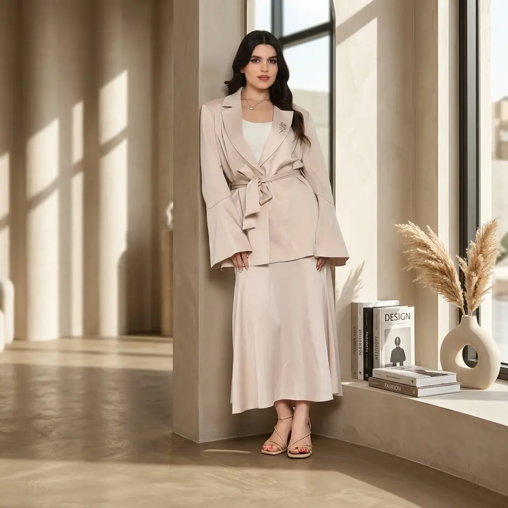 Beige Two Pieces Outfits Blazer and Skirt