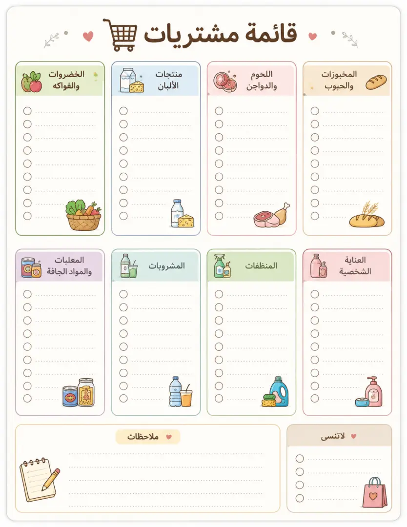 قائمة المشتريات باللغة العربية