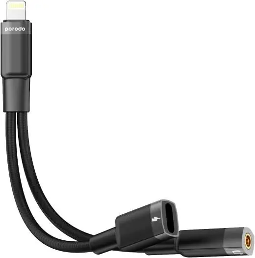 Porodo 2in1 Lightning to 2Lightning Jack Headphone and Charging Converter Adapter SKU: PD-LLJHCA-B