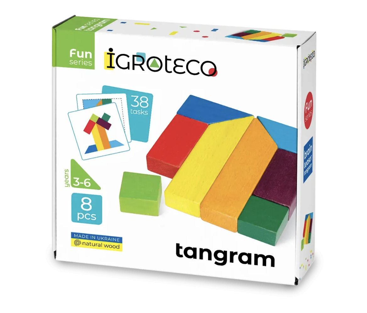 Houten tangram puzzel met opdrachten.