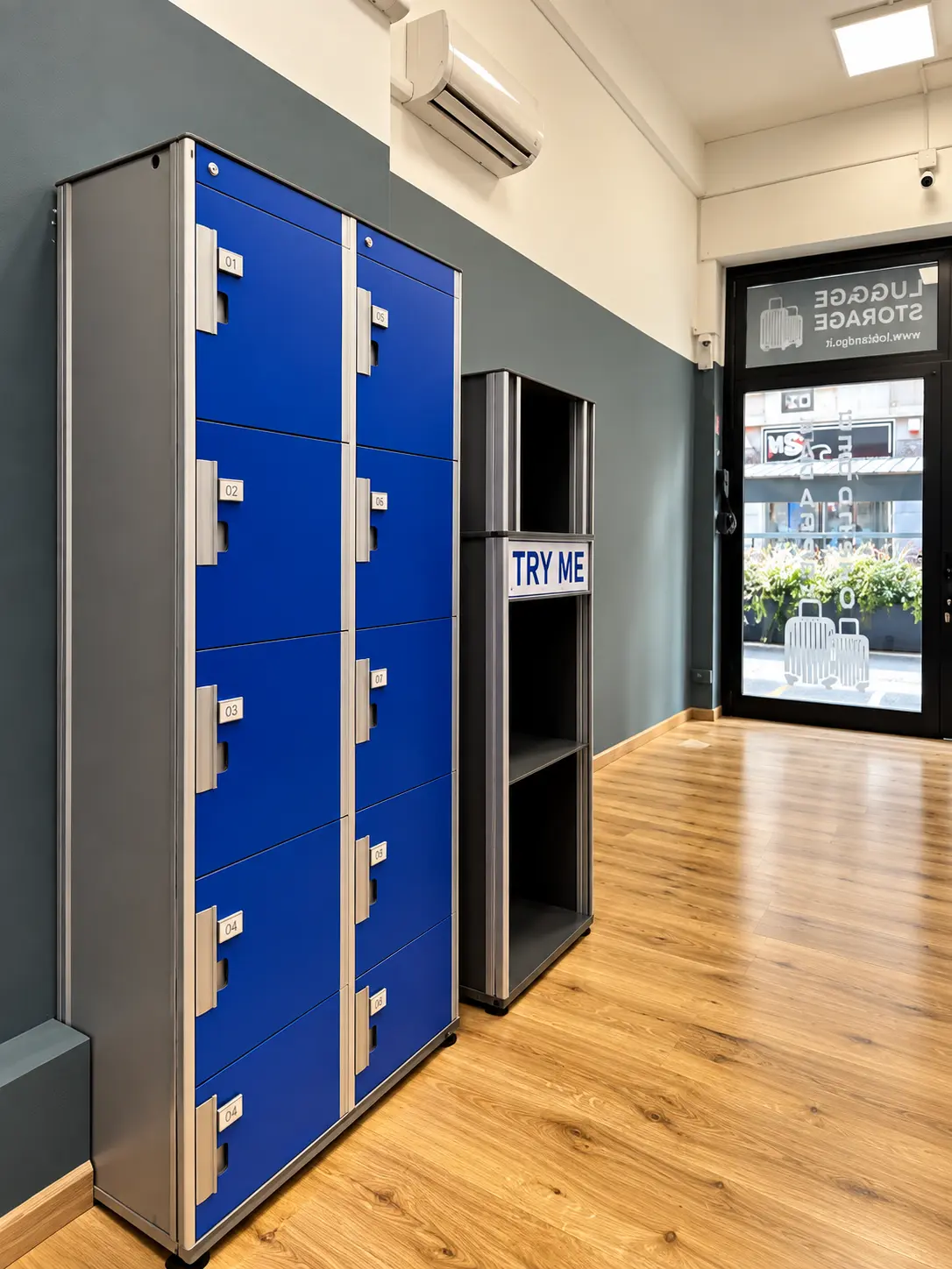 Blue luggage lockers and size-check compartments inside Lock & Go Milan Duomo near Via Torino