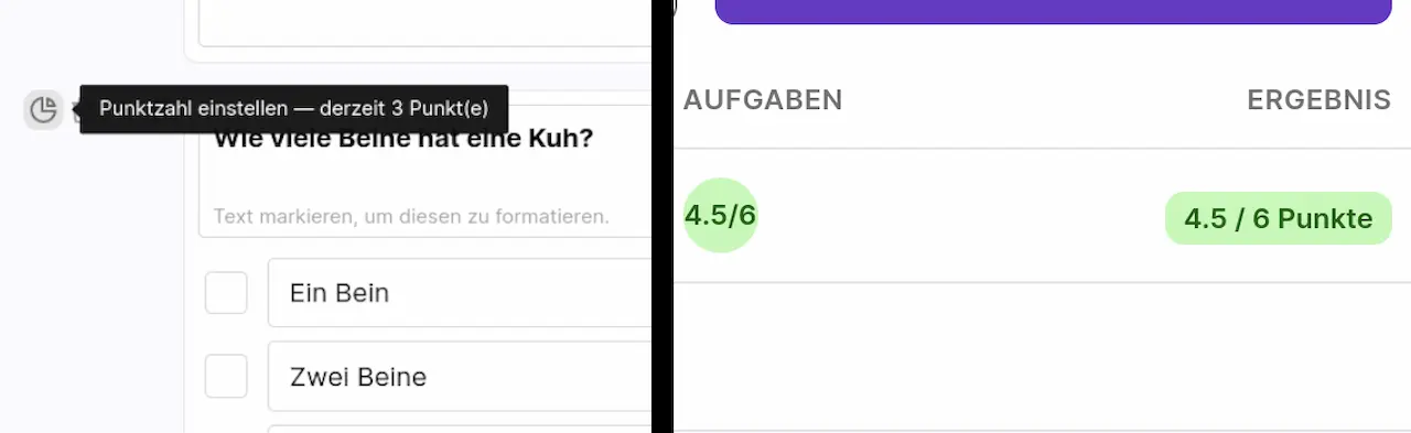 Mit einem Klick lässt sich nun die Punktzahl für einen Block einstellen (links). Diese wird in der Verteilen-Ansicht berücksichtig und es wird eine Gesamtpunktzahl je Seite und Arbeitsblatt ausgerechnet.