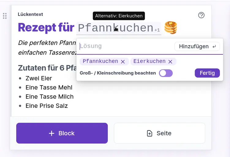 Lücken lassen sich mit einem Klick anpassen und um alternativen Antwortmöglichkeiten ergänzen.