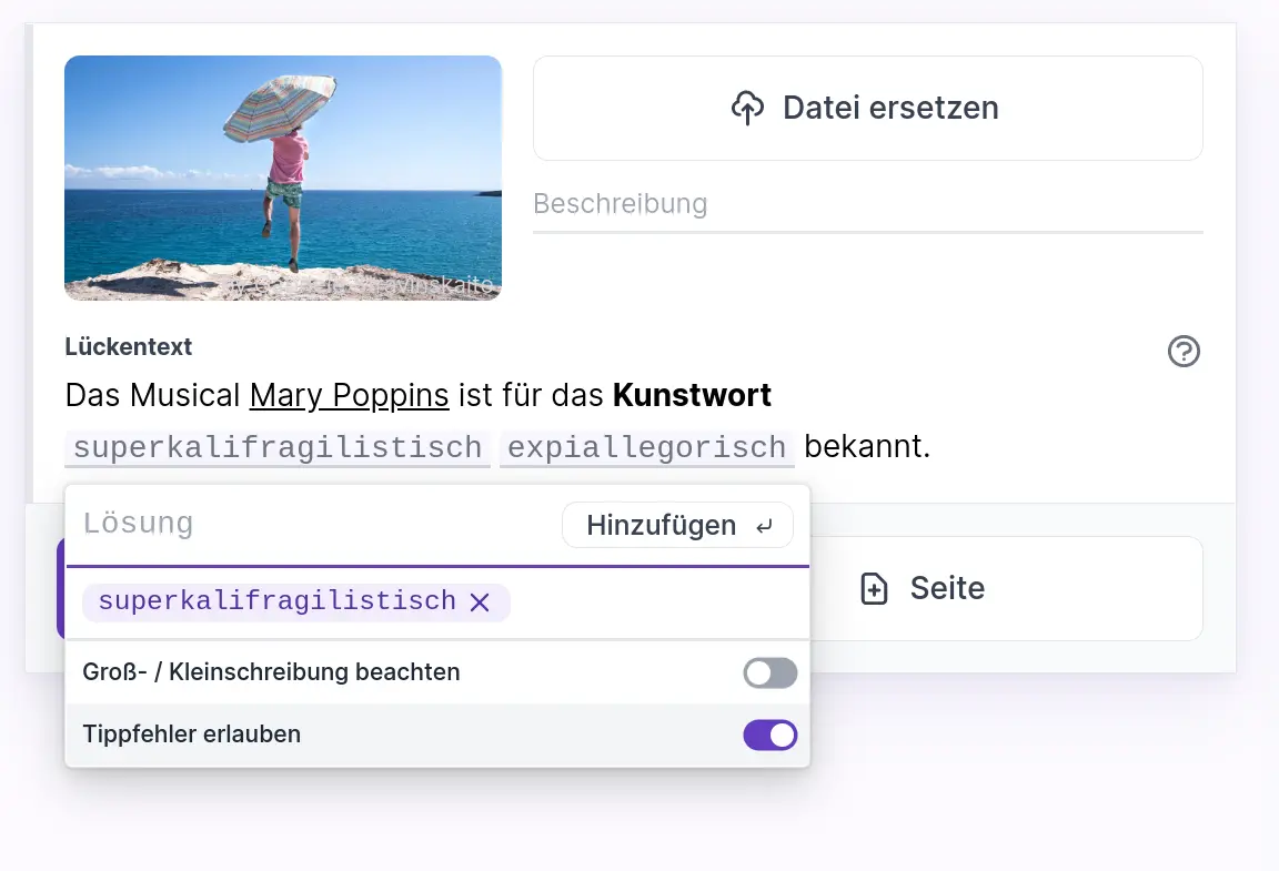 Die Option „Tippfehler erlauben“ erlaubt das Erstellen von Lücken, die nicht 100 % korrekt ausgefüllt werden müssen.