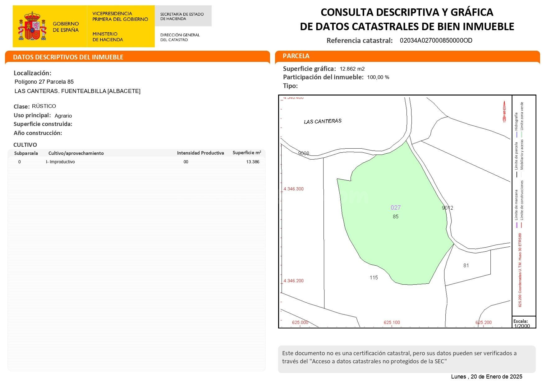 Se vende Parcela de terreno rústico en Las Canteras en Fuentealbilla, Albacete.