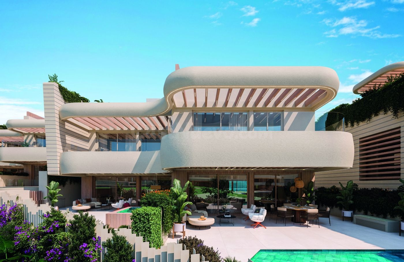 Villas adosadas con vistas al mar a poca distancia de la playa.