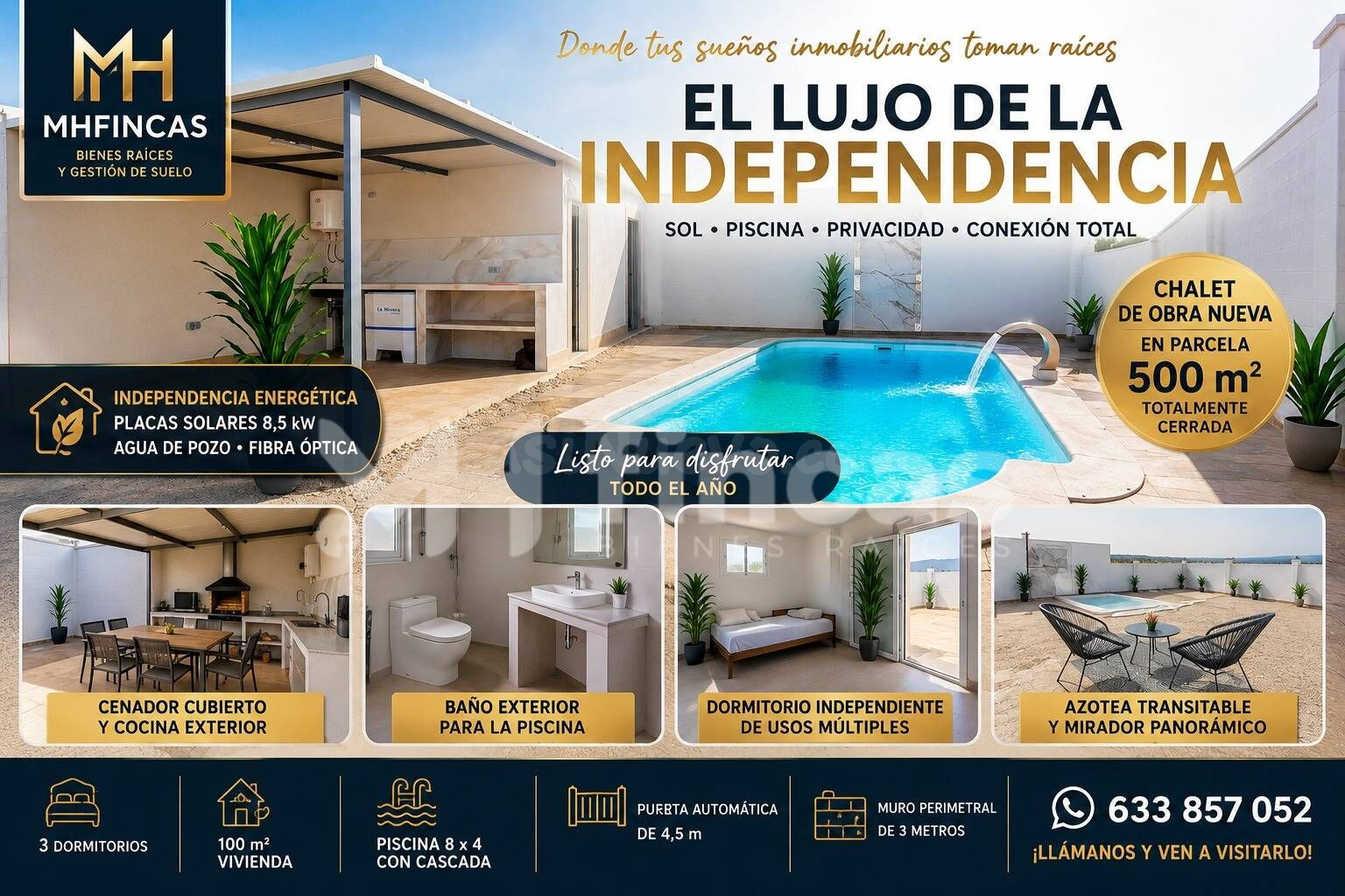 Chalet de obra nueva con piscina, cocina exterior, cenador y