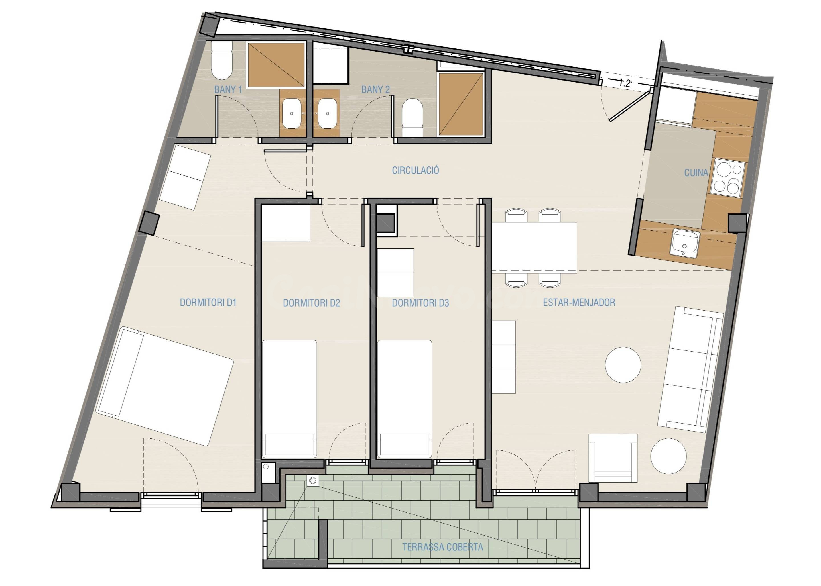 Piso de tres habitaciones y terraza