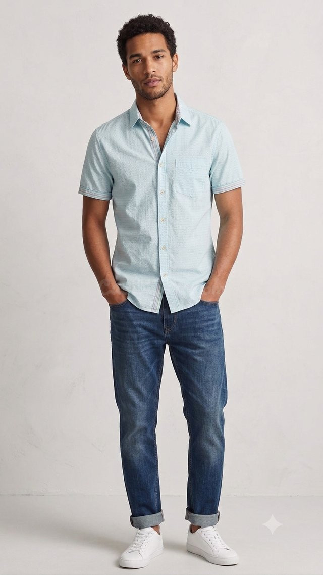 Camisa manga corta azul claro y blanco - Gijón