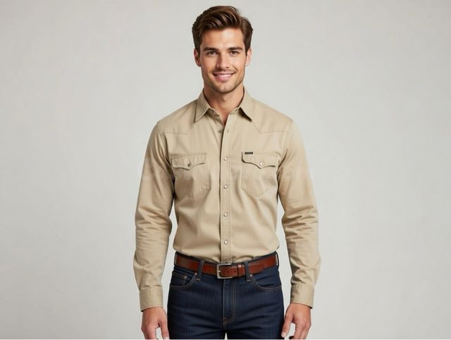Camisa elegante beige manga larga Gijón