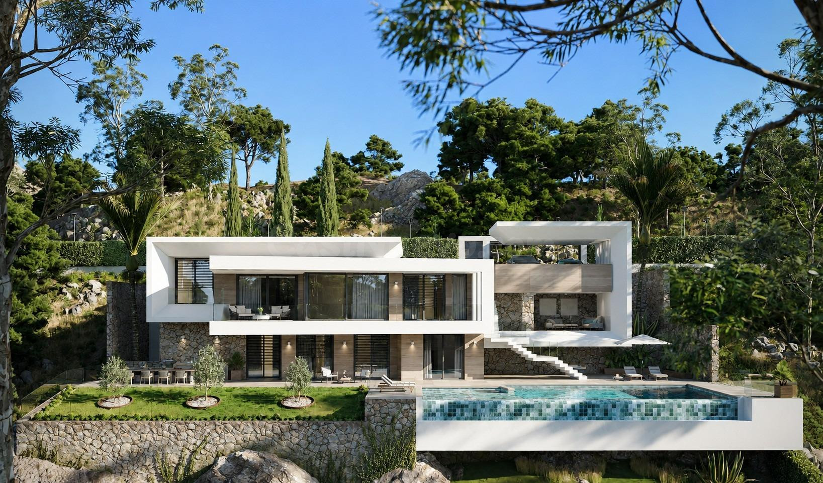 Villa contemporánea sobre plano con piscina infinity, orient