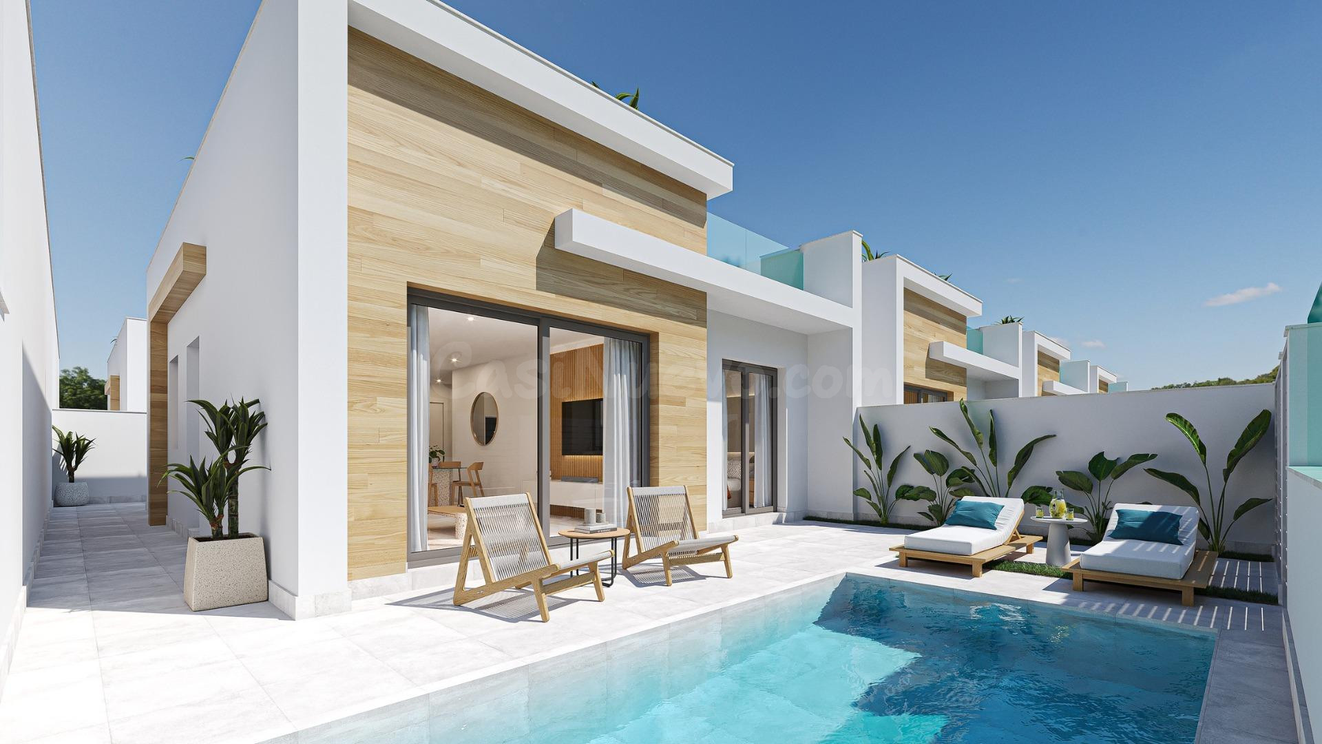 Modernas villas de una sola planta con piscina privada y sol