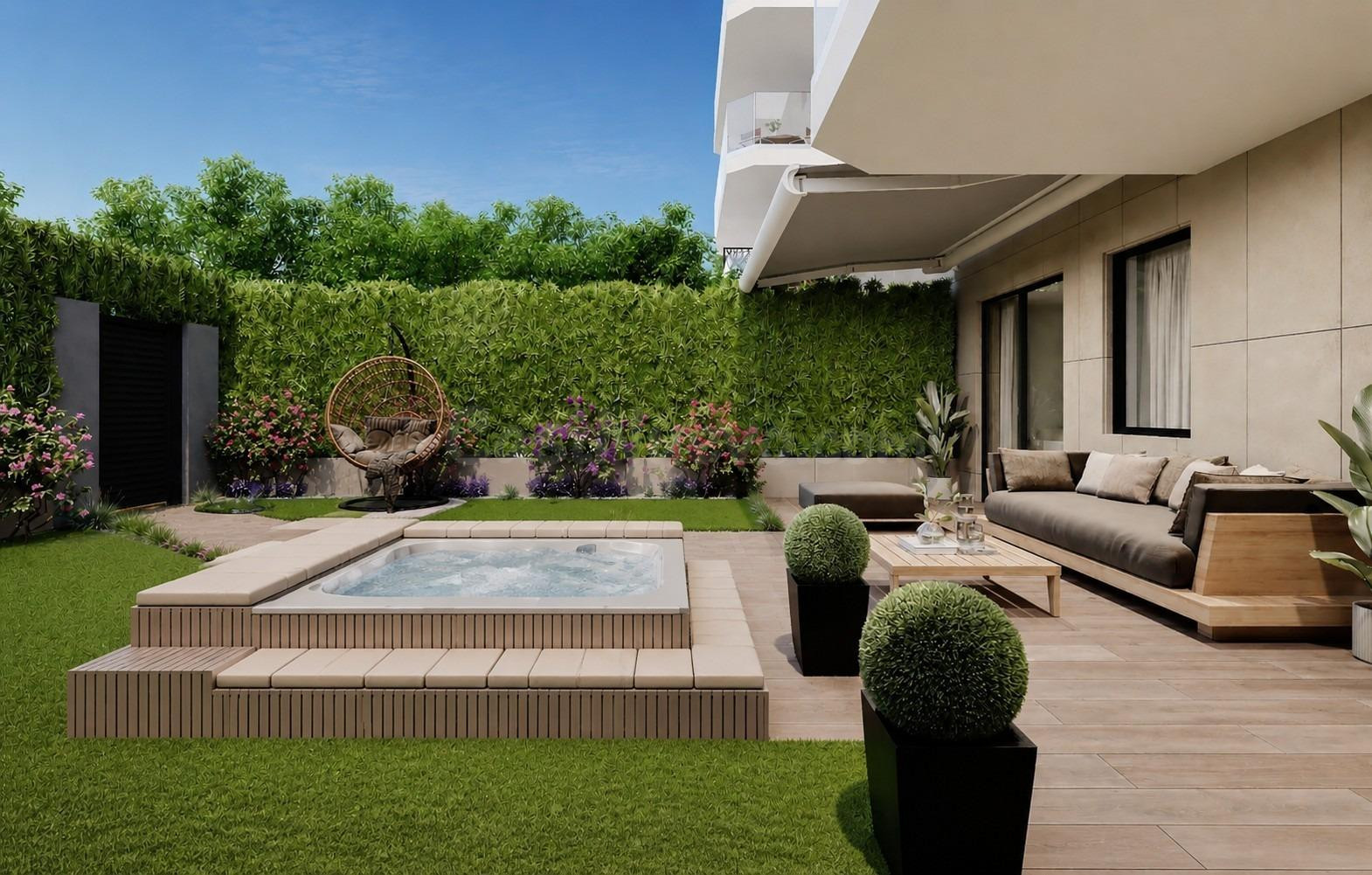 Apartamento de planta baja de 2 dormitorios con jardín y piscina privada a la venta en Villajoyosa