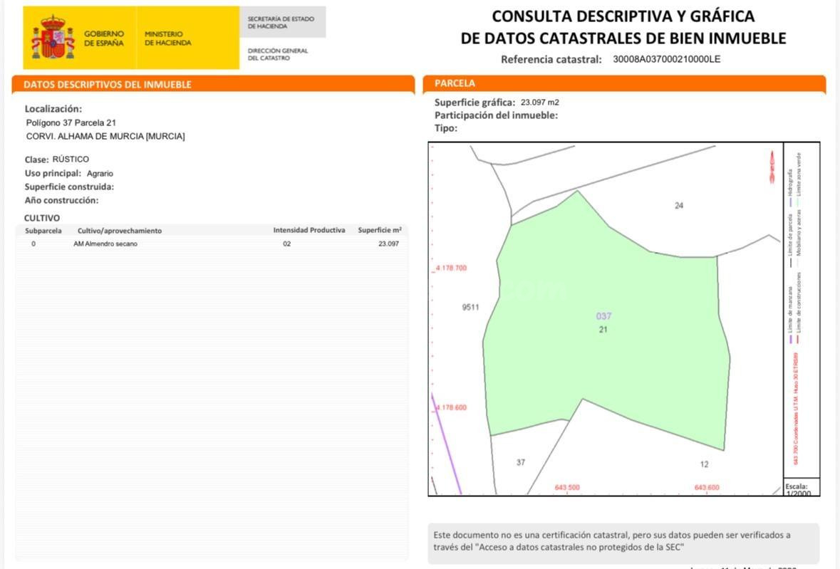 OPORTUNIDAD DE INVERSIÓN FINCA RÚSTICA EN VENTA EN ALHAMA DE MURCIA