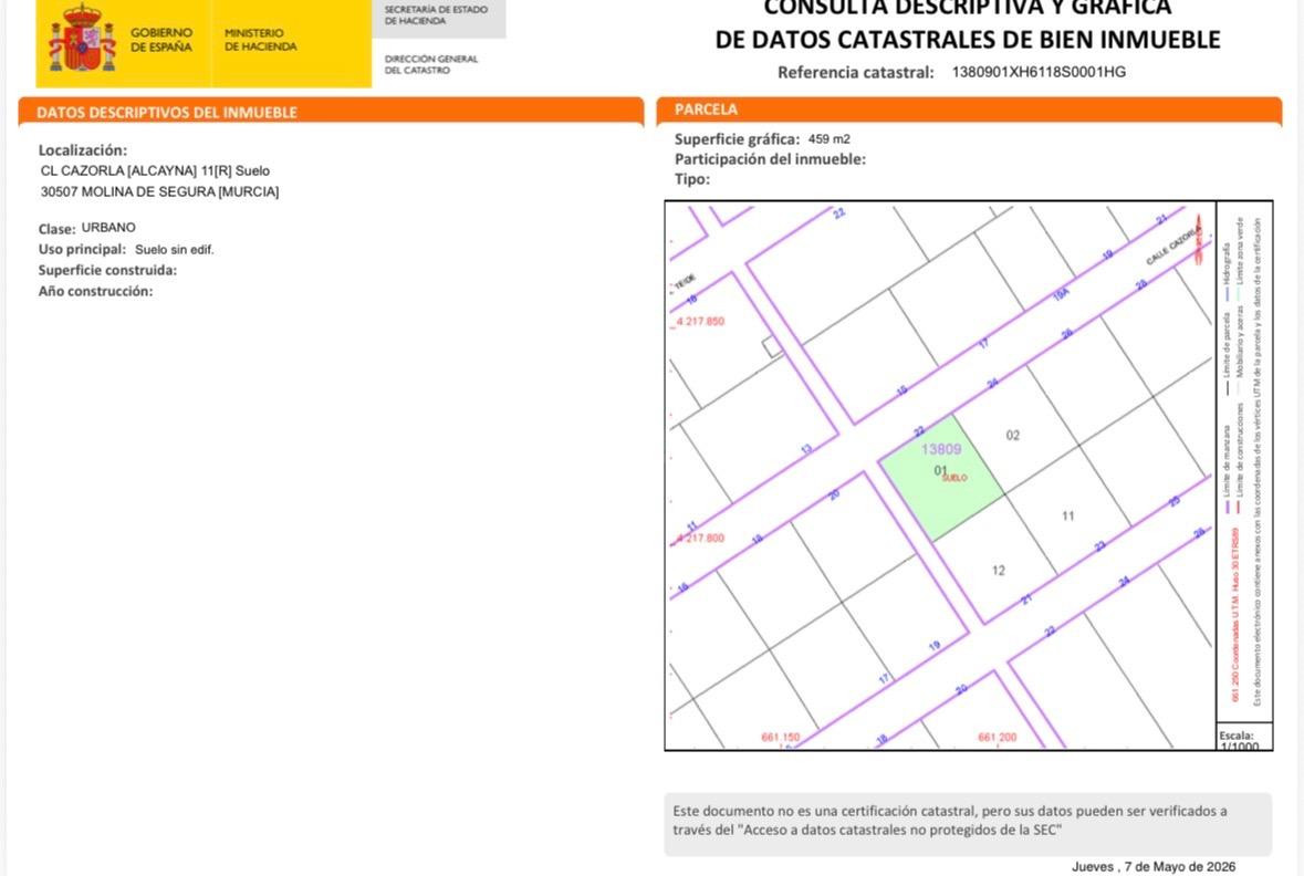 Parcela urbana de 459 m2 en una de las mejores zonas residenciales de Molina de Segura