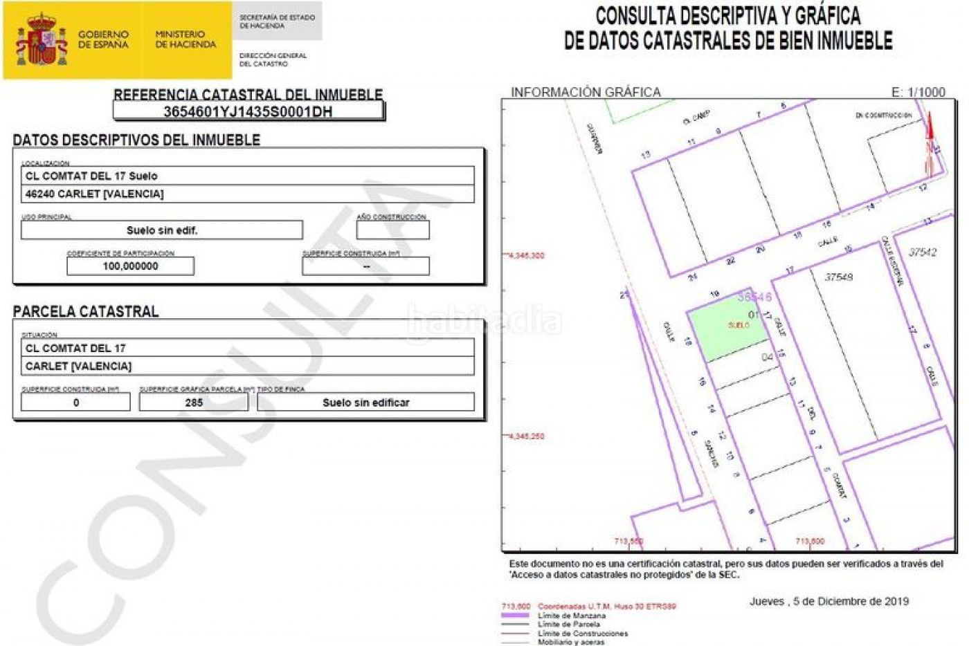 Solar 285m² en venta - Carlet