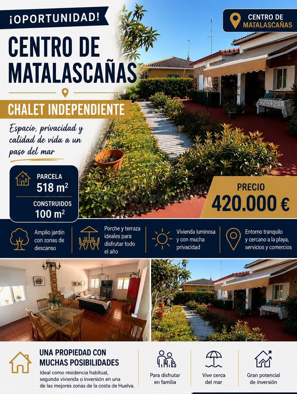 Fantástica casa Independiente con una gran parcela de 518m2 en el centro de Matalascañas a 150 metros de la playa