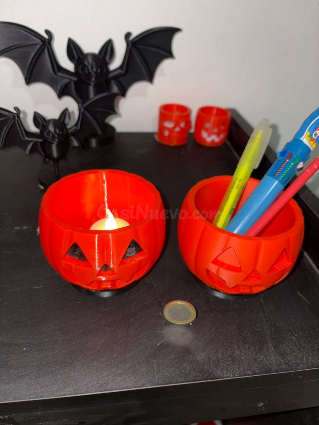 Kit decorativo Halloween: 2 lapiceros y portavelas en forma de calabaza - foto 3