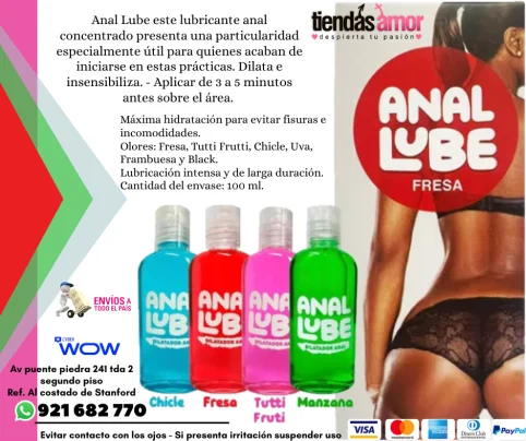 Lubricante Dilatador Anal Lube  Fresa, Tutti Frutti, Chicle, Uva, Fram