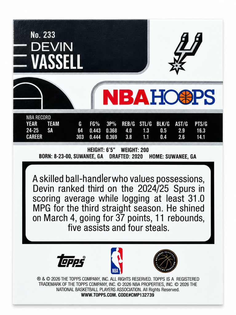Tarjeta NBA Hoops Devin Vassell - foto 2