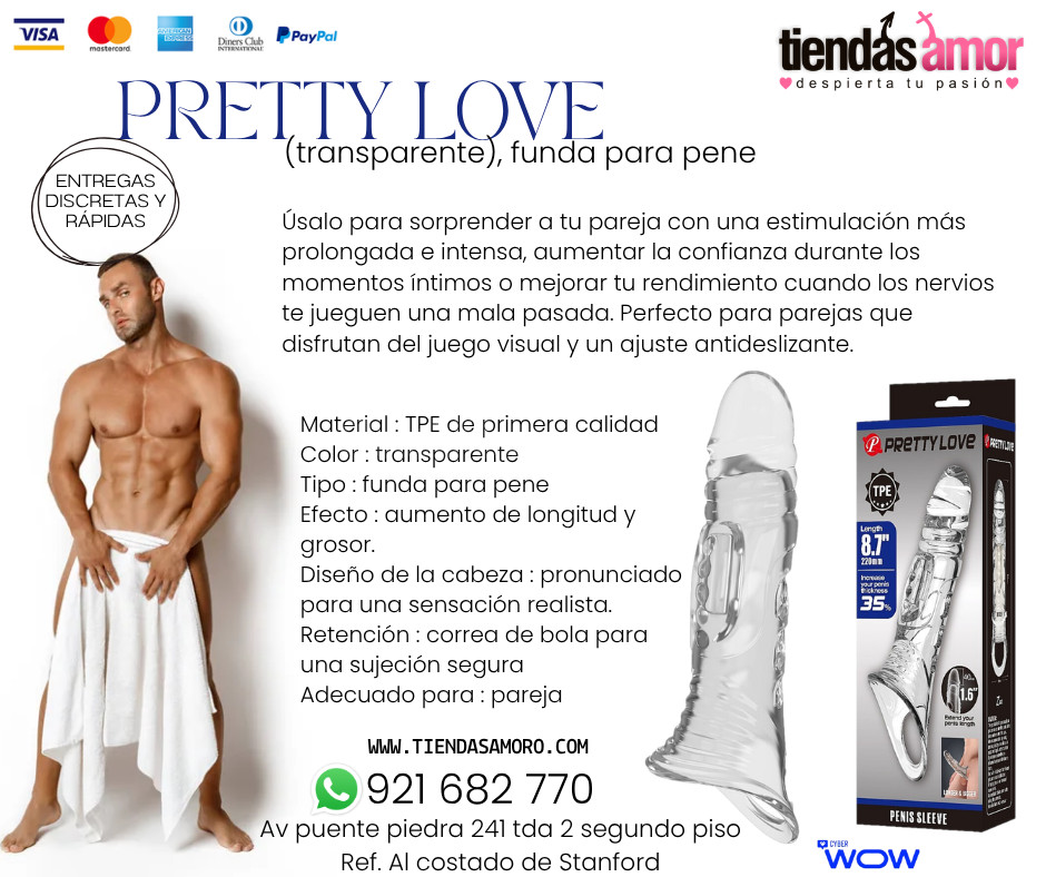 Funda para pene Pretty Love transparentePretty Love Penis Sleeve 8.7" Extender – Clear /juguetes lubricantes potencia sexual en Puente Piedra 921682770