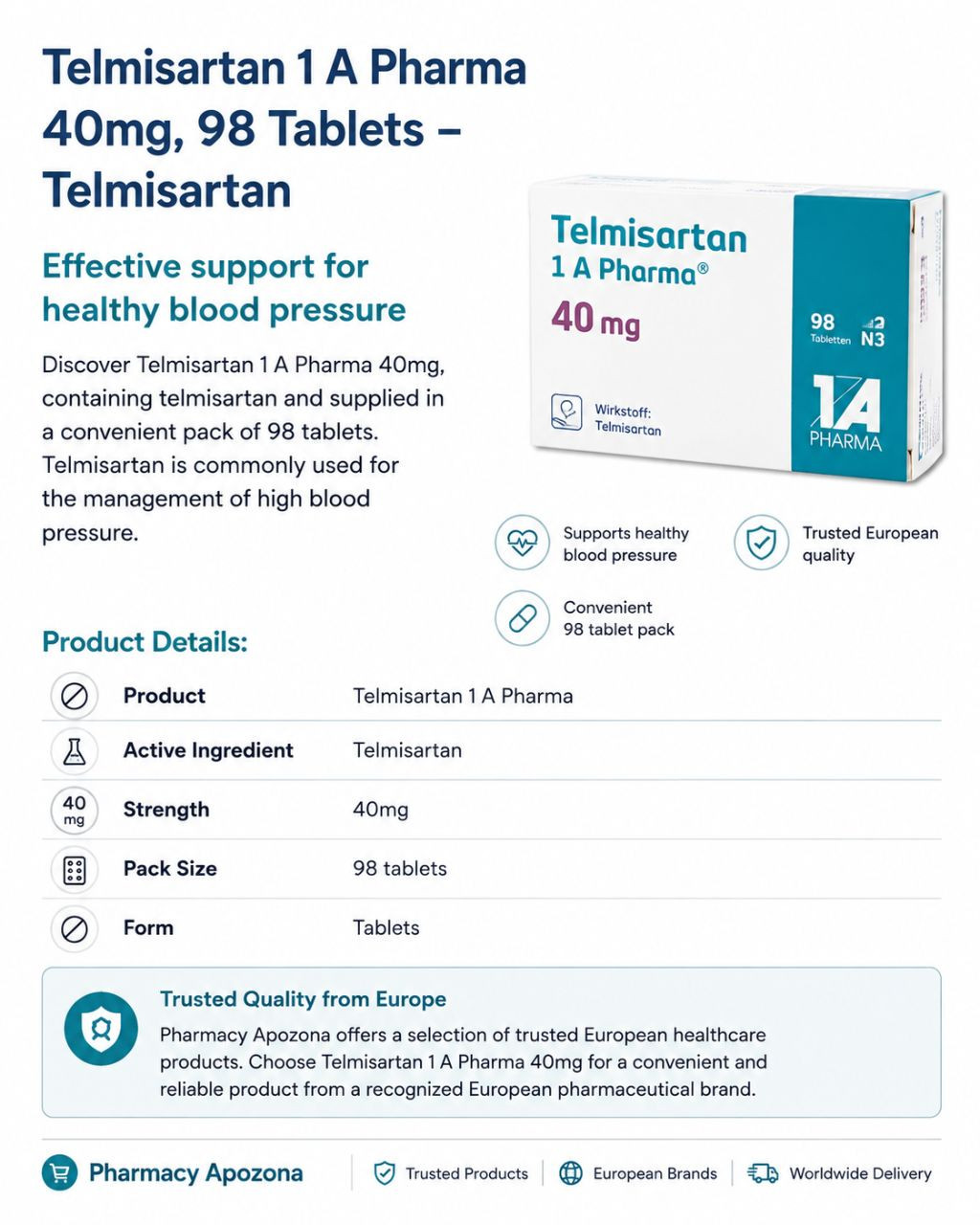 Telmisartan 1 A Pharma 40 mg, 98 comprimidos – Telmisartán | Pharmacy Apozona