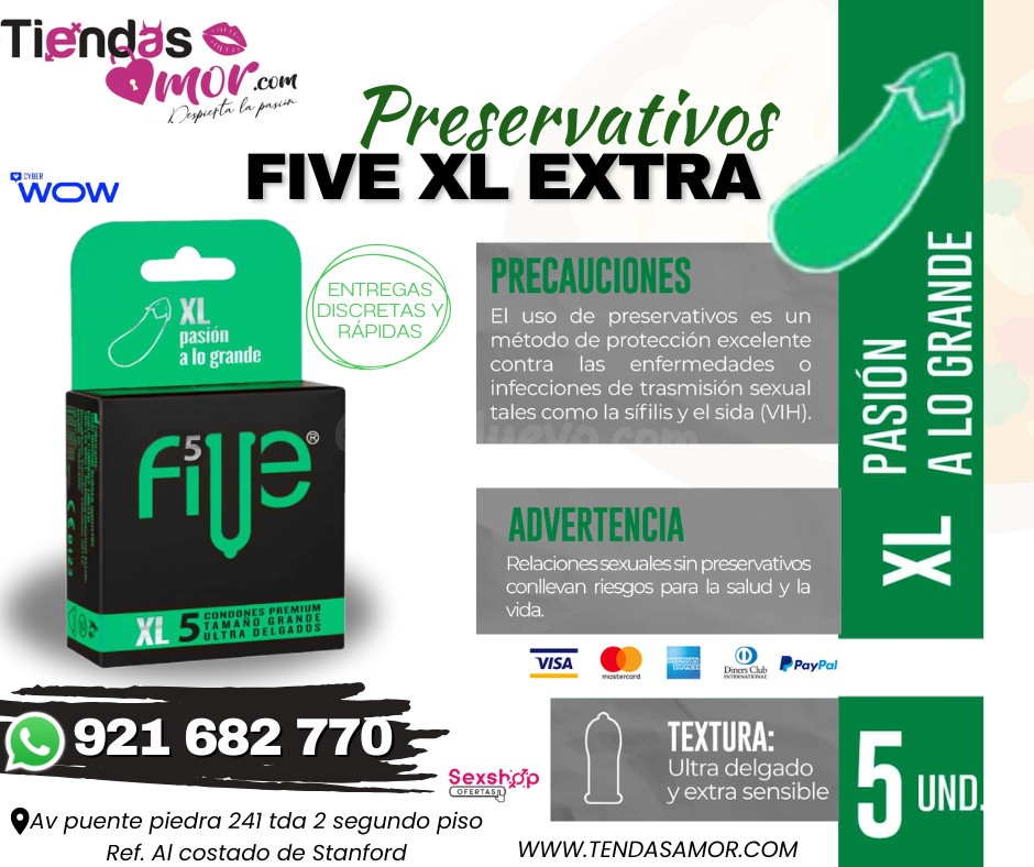Preservativos Five XL Extra Lubricante Caja de 5 unidades/desarrollo del pene, potencia sexual eyaculación precoz, impotencia 921682770 ENVIOS NACIONAL Lima y Departamentos