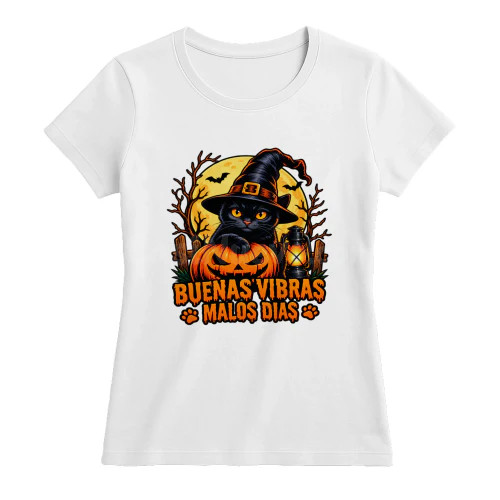 Camiseta Gato Negro Brujo: Buenas Vibras Malos Días