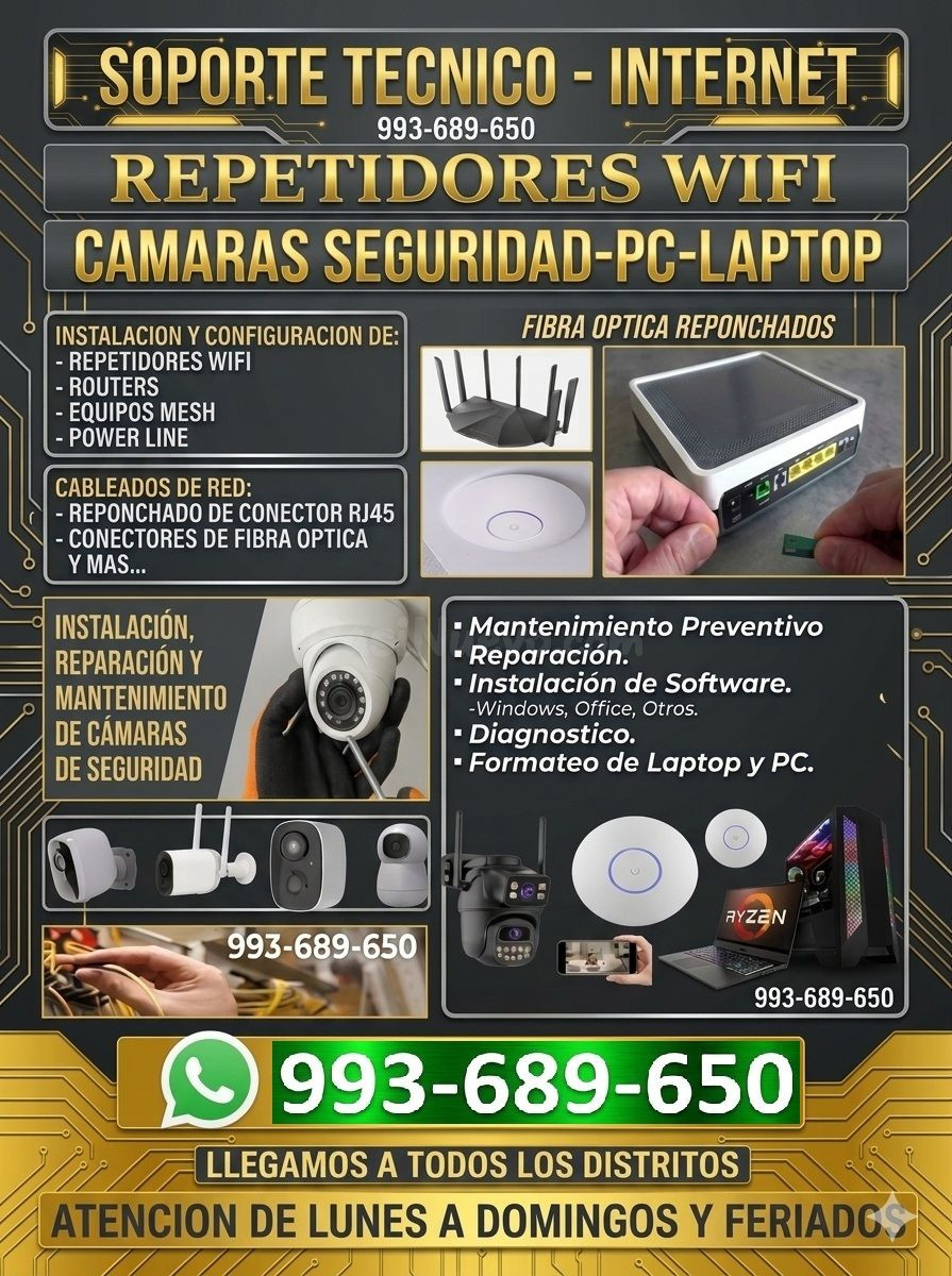 Soporte Técnico Especializado en internet,Fibra Óptica,PC,Laptops y Cámaras de Seguridad