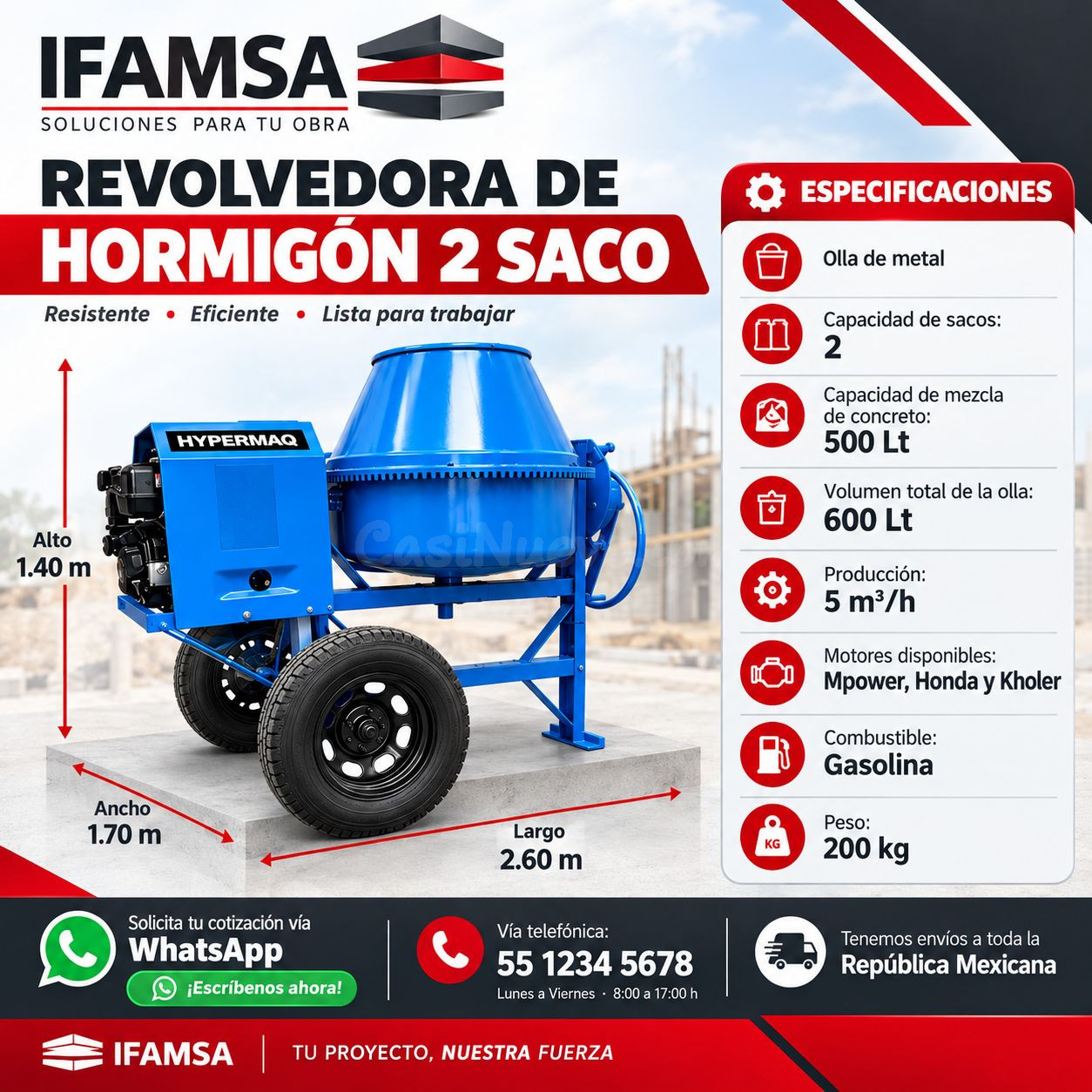 REVOLVEDORA DE HORMIGÓN 2 SACO EN TODA LA REPUBLICA