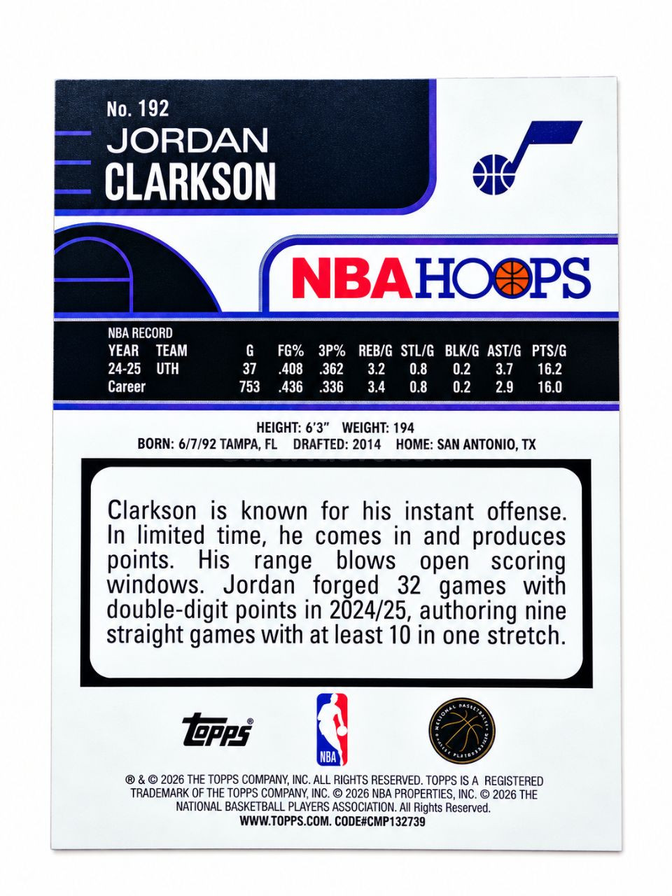 Tarjeta NBA Hoops Jordan Clarkson - foto 2