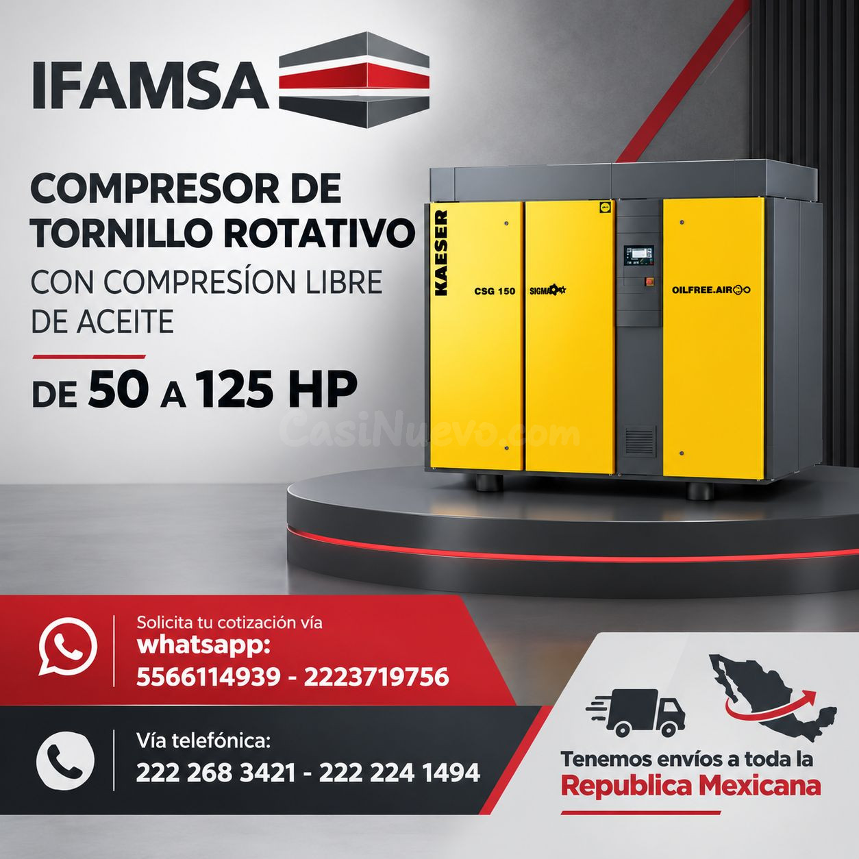 COMPRESOR DE TORNILLO ROTATIVO CON COMPRESÍON LIBRE DE ACEITE DE 50 A