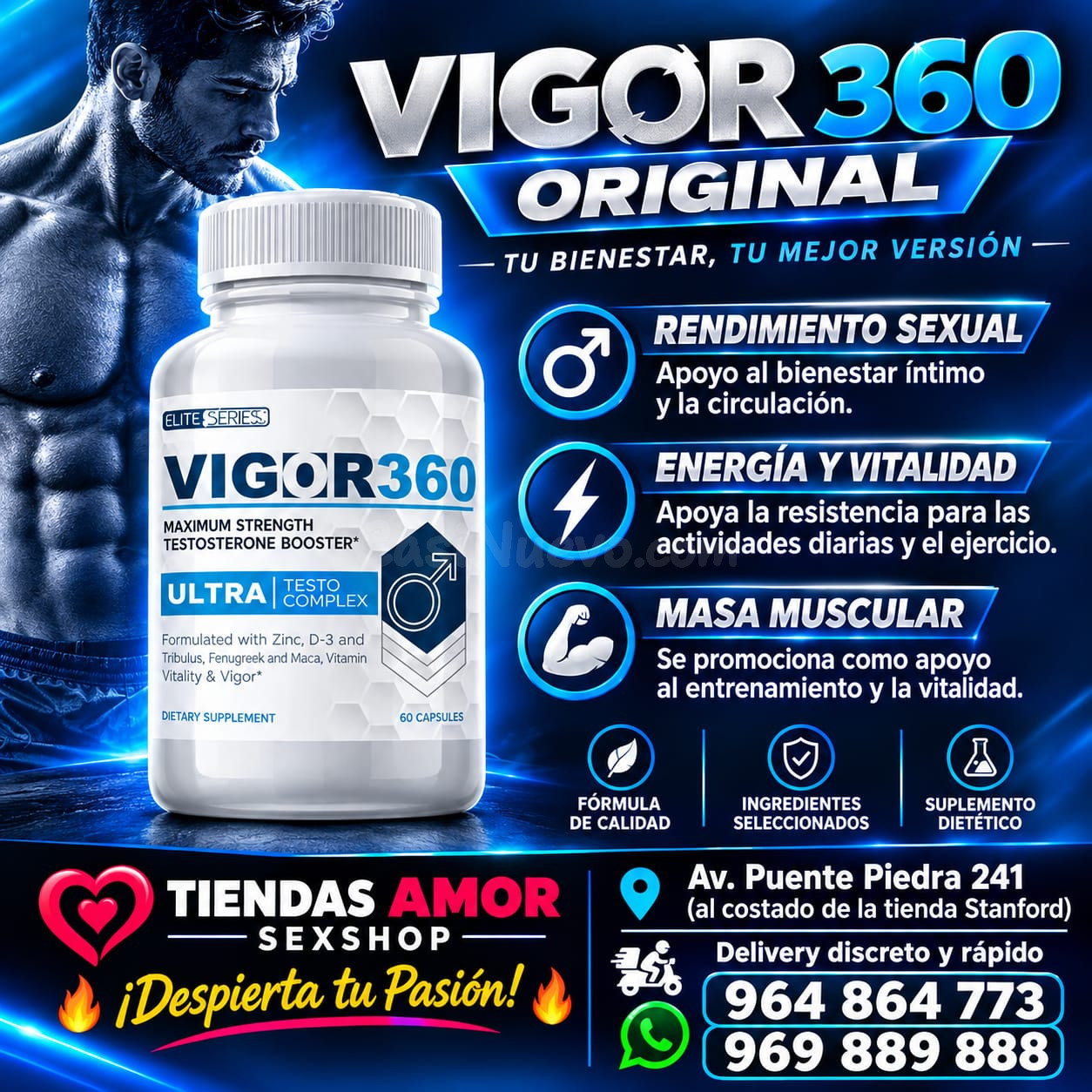 Vigor 360 Original erecciones más firmes y duraderas/Aumenta la testosterona y desarrolla el pene Tongkat Ali