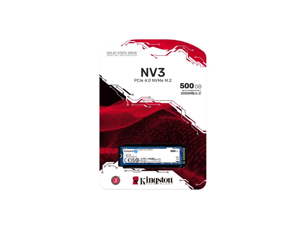 Kingston SSD 500GB NV3NVMe PCIe Gen 4.0x4R/W : 5000/3000MB/s