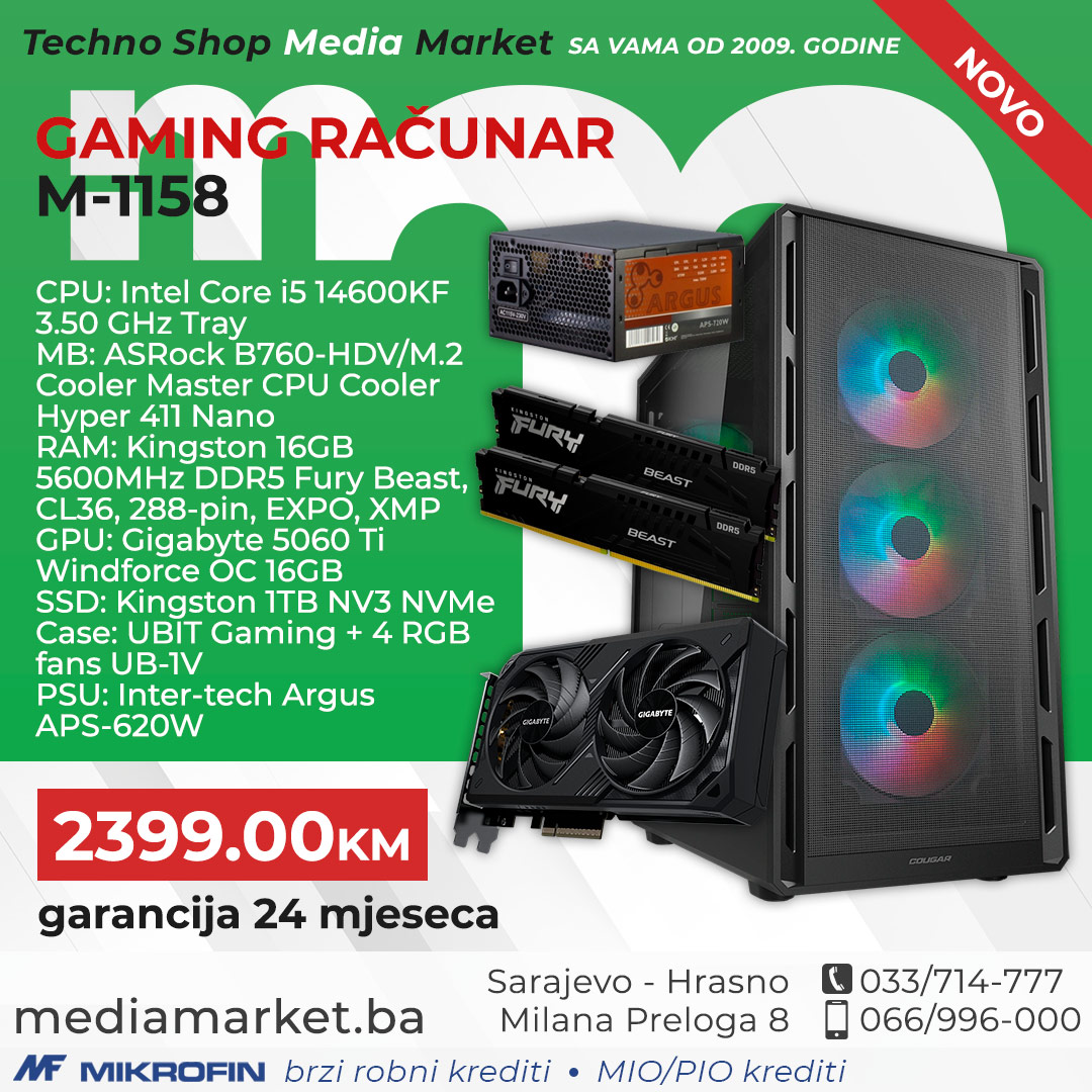 GAMING RAČUNAR i5 14600KF, 32GB DDR5, RTX 5060Ti 16GB, 1TB SSD