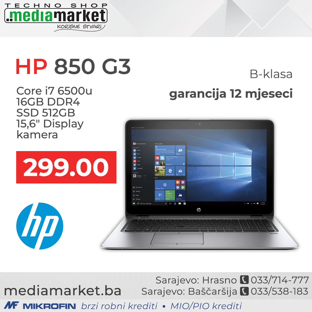 LAPTOP HP 850 G3 i7-6500 16GB DDR4 SSD 512GB 15,6"   B-KLASA