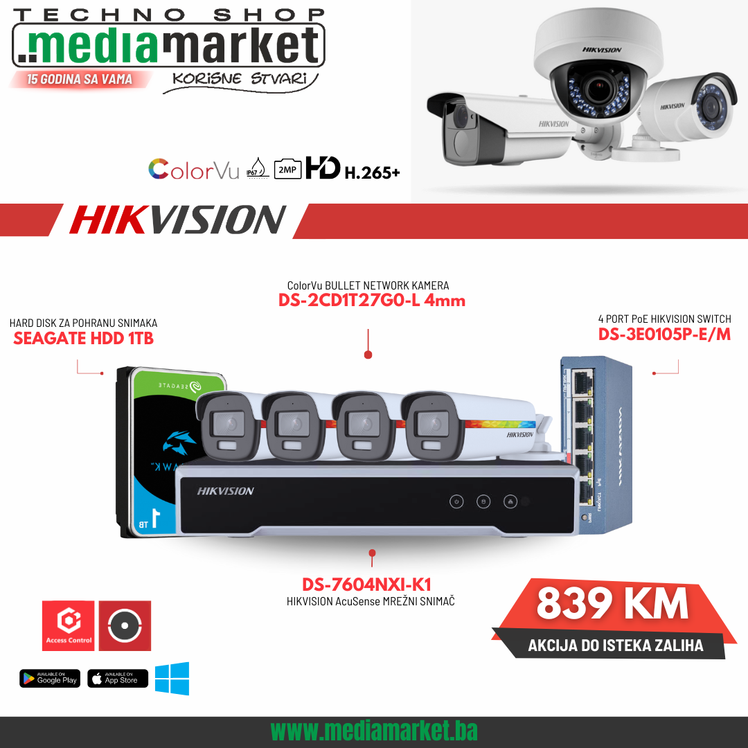 SET HIKVISION 4 X KAMERE DS-2CD1IT27G0-L 4MM, SNIMAC DS-7604NXI-K1, 4 PORT PoE SWITCH DS-3E0105P-E/M ,1 X HDD 1TB