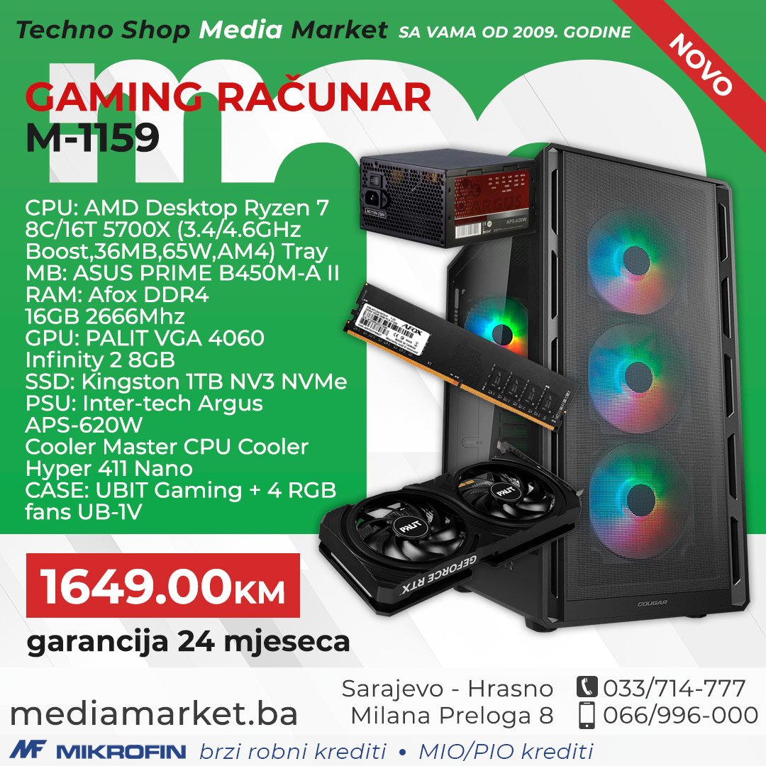 GAMING RAČUNAR RYZEN 7 5700X, 32GB DDR4, RTX 4060 8GB, 1TB SSD