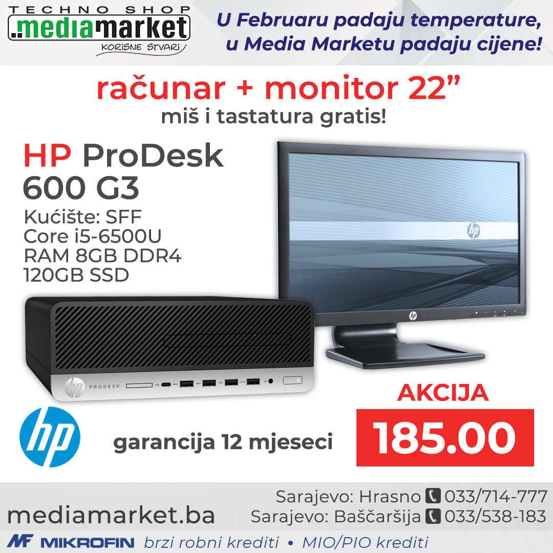 RACUNAR HP 600 G3 i5 6500 8GB DDR4 SSD 120GB + MONITOR 22" 