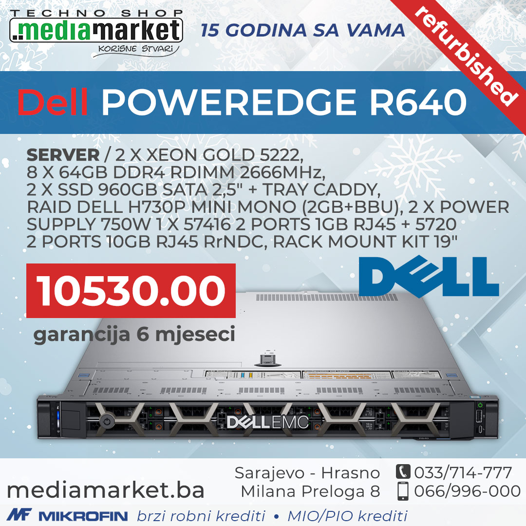 SERVER DELL POWEREDGE R640 2 X XEON GOLD 5222, 8 X 64GB DDR4