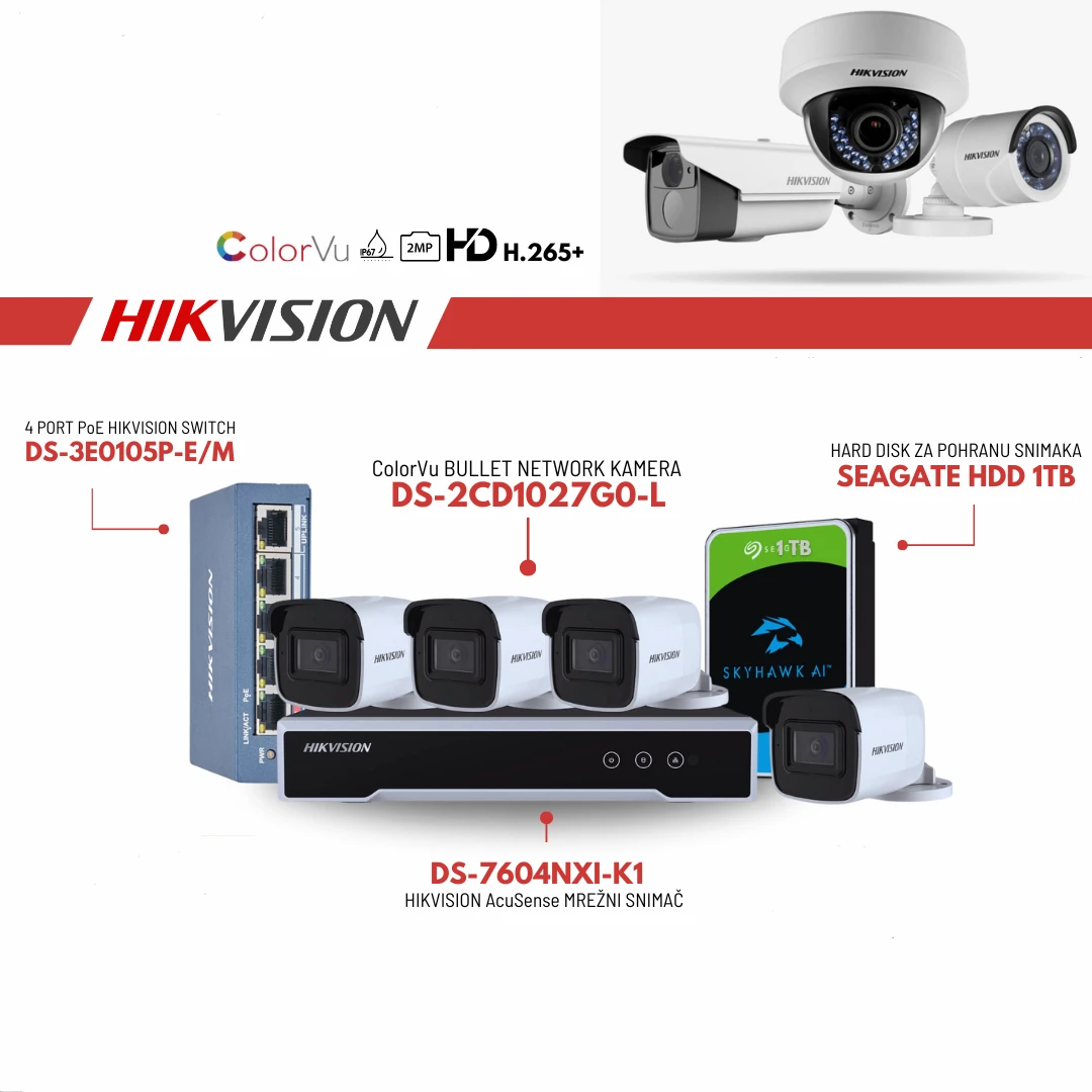 SET HIKVISION 4 X KAMERE DS-2CD1027G0-L, SNIMAC DS-7604NXI-K1, 4 PORT POE SWITCH DS-3E0105P-E/M ,1 X HDD 1TB