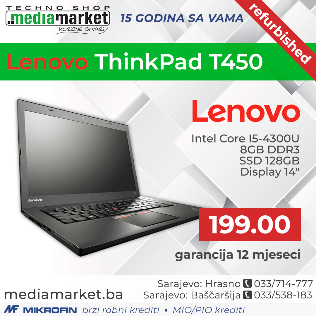 LAPTOP LENOVO THINKPAD T450 I5-4300U 8GB SSD 128GB 14" 