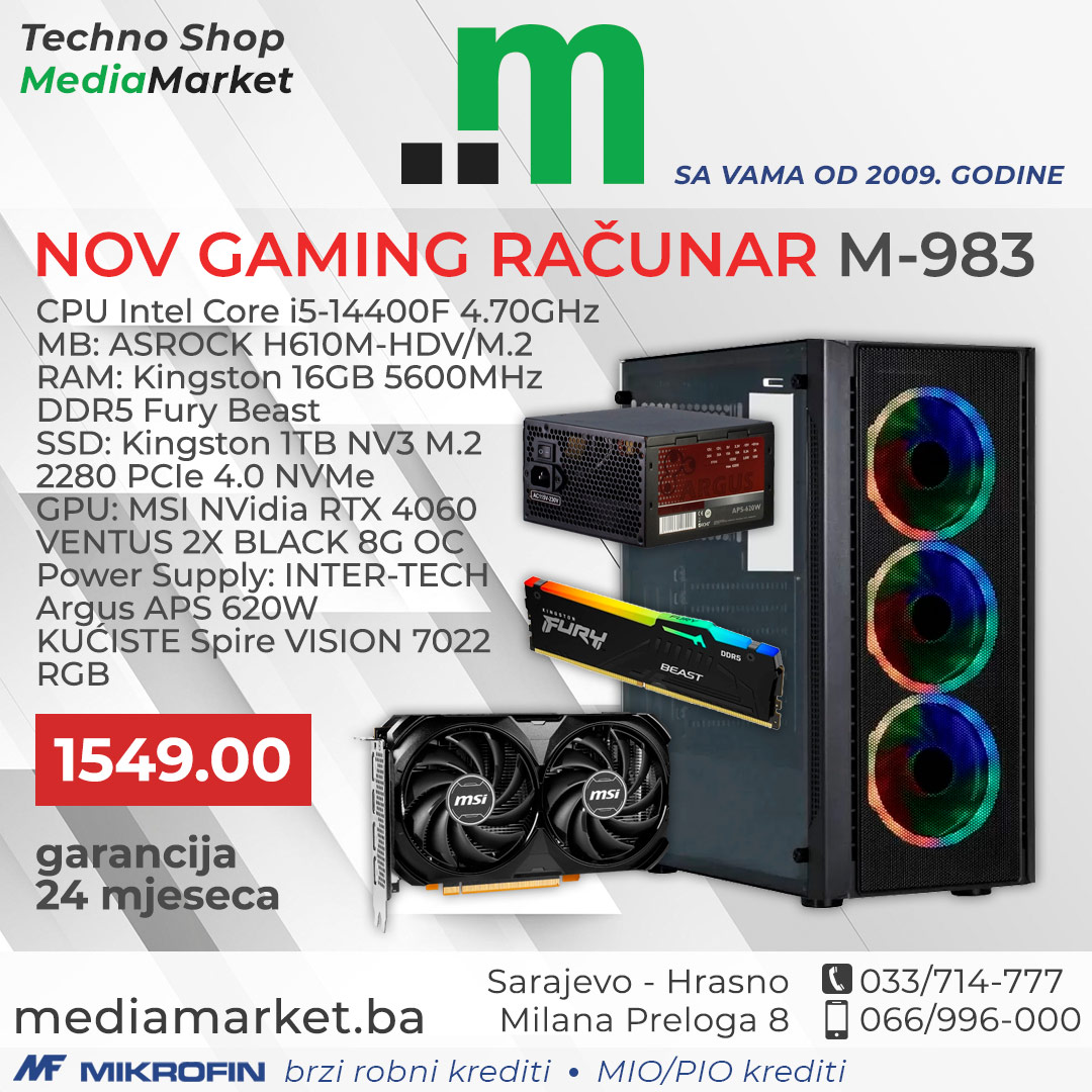 GAMING RAČUNAR I5-14400F, 16GB DDR5, RTX 4060 8G, 620W