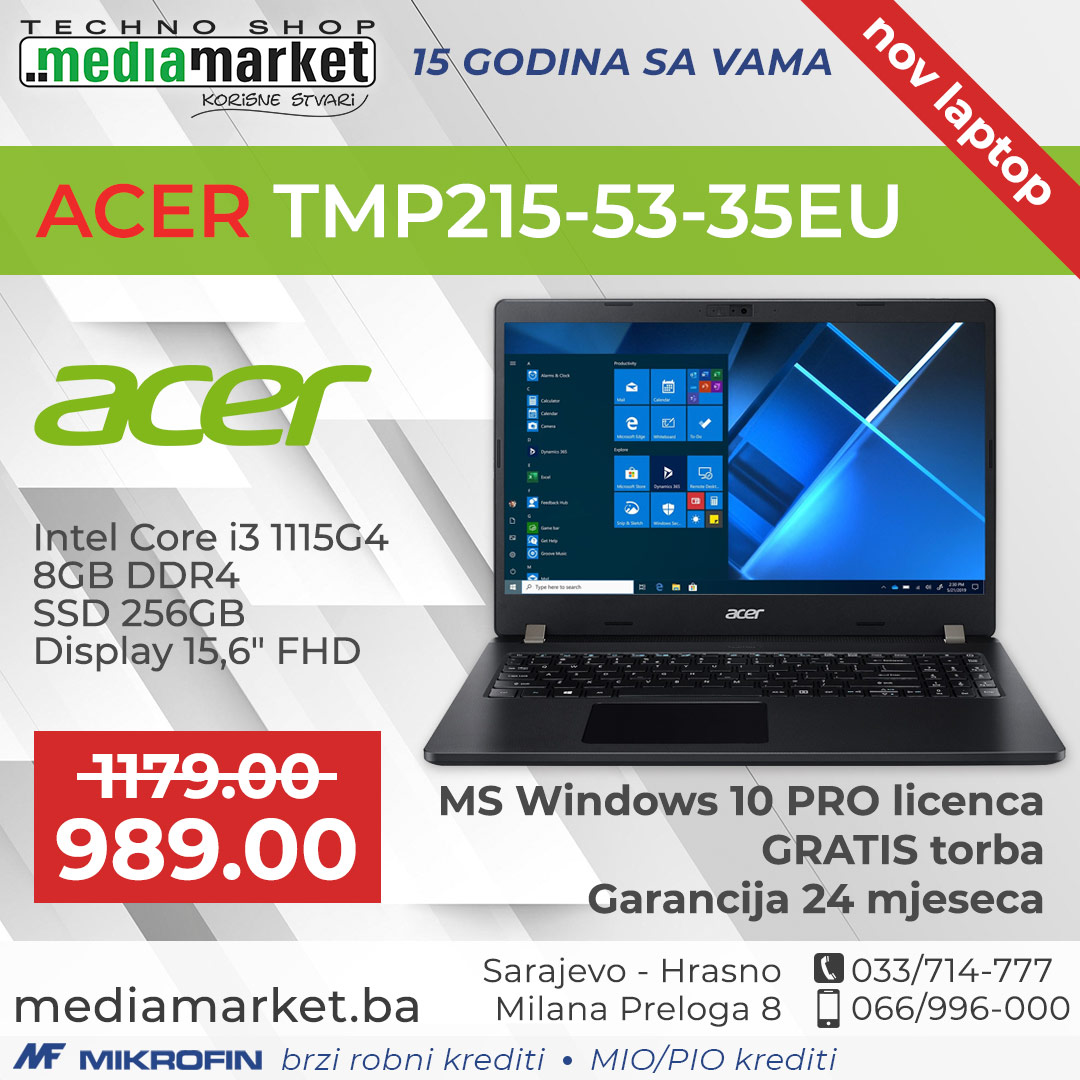 LAPTOP ACER TMP215-53-35EU, Intel Core i3 1115G4, 8GB DDR4, SSD 256GB, 15,6″ FHD