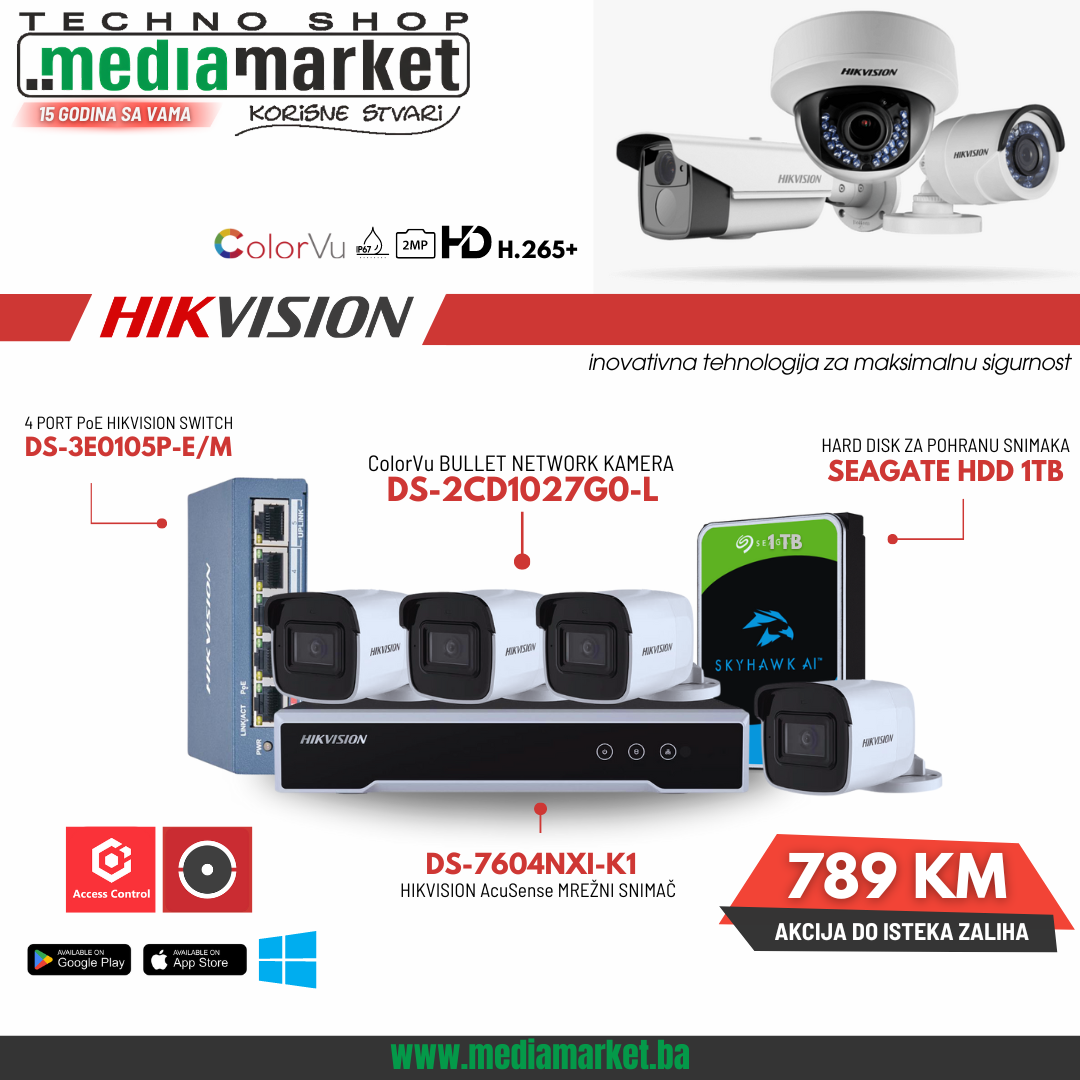 SET HIKVISION 4 X KAMERE DS-2CD1027G0-L, SNIMAC DS-7604NXI-K1, 4 PORT POE SWITCH DS-3E0105P-E/M ,1 X HDD 1TB