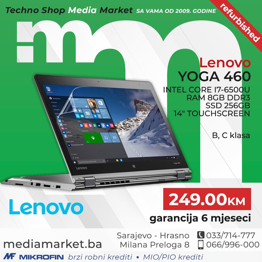 LAPTOP LENOVO YOGA 460 INTEL CORE I7-6500U 8GB DDR3 SSD 256GB 14" TOUCHSCREEN B, C KLASA