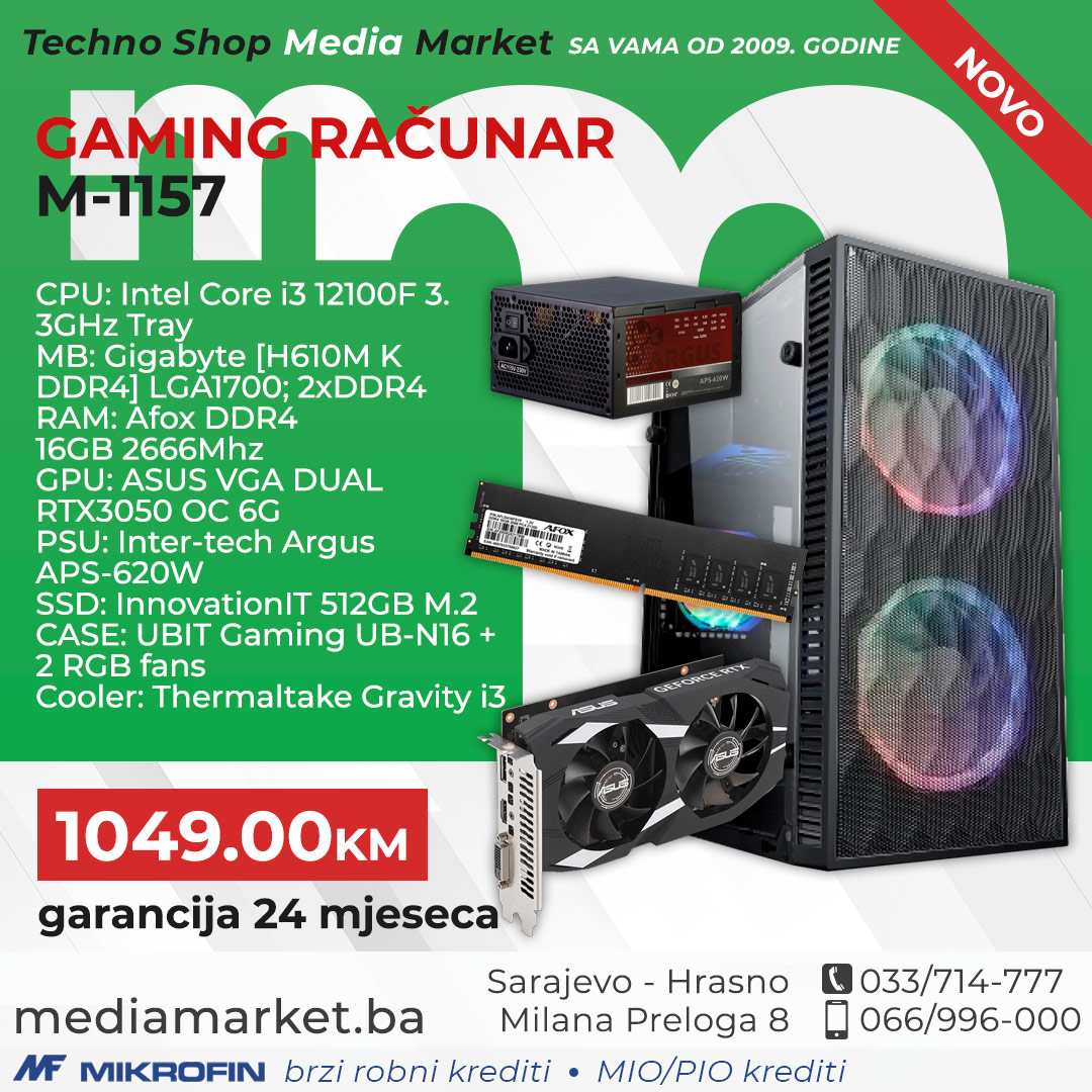 GAMING RAČUNAR i3 12100F, 16GB DDR4, RTX 3050 6GB, 512GB SSD