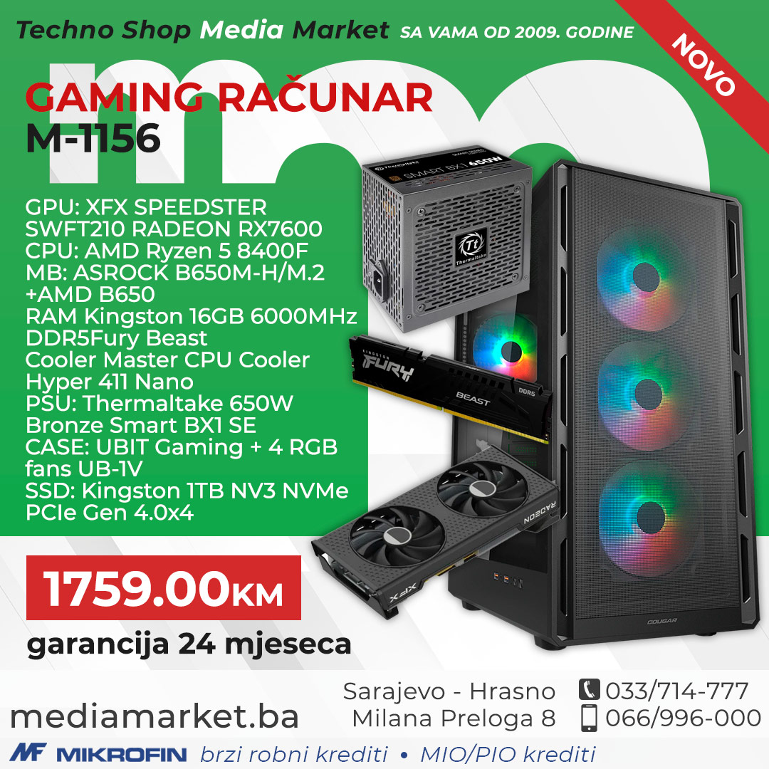GAMING RAČUNAR RYZEN 5 8400F, 32GB DDR5, RX 7600, 1TB SSD